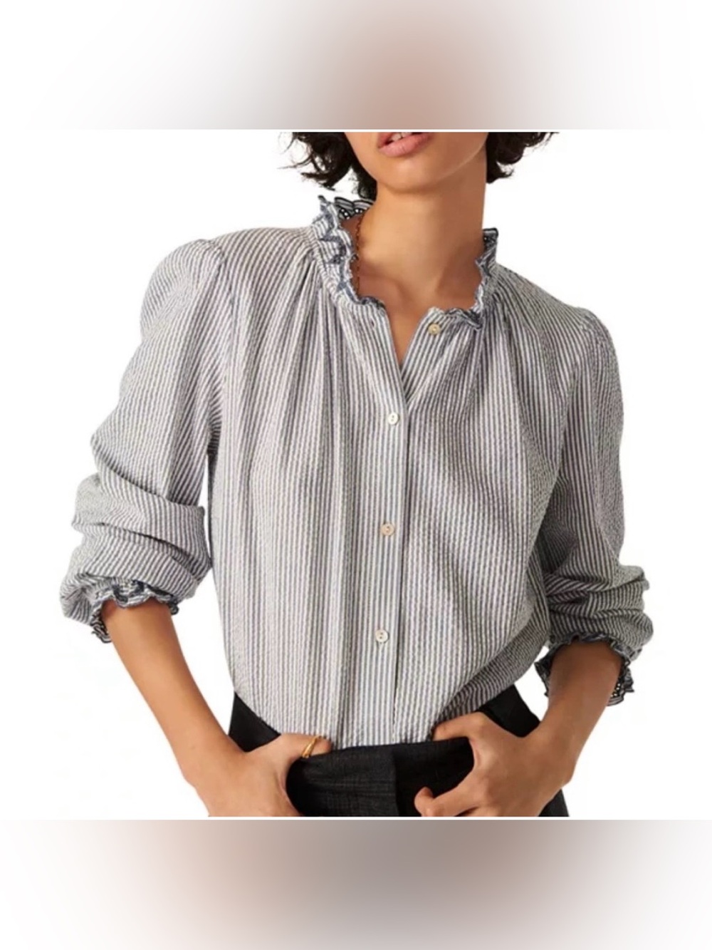 Ba&sh Chemise Saty Blue/White Stripe Ruffle Neck Blouse Size 2 (US 6)